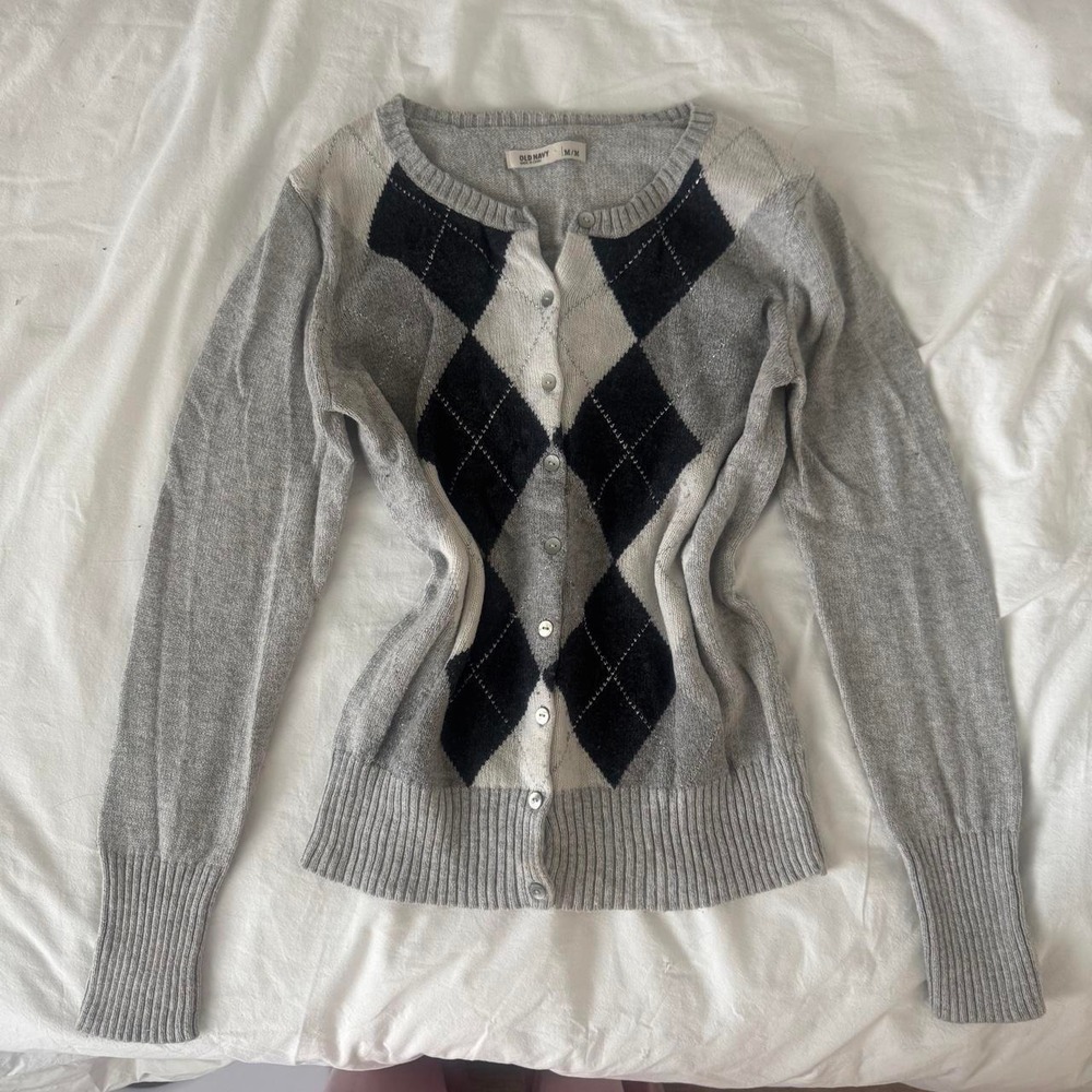 Y2K 2000s Old Navy grey & black argyle pattern cardigan